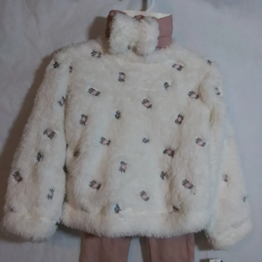 Nicole Miller Cozy White Fleece Pullover with Pink Leggings Set Size 24M